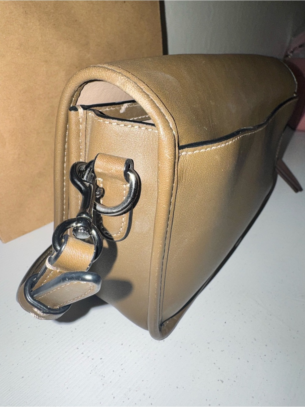 Coach Turnlock Crossbody Bag in Glovetanned Leather (Style #57325) 2016 Taupe - Picture 10 of 15